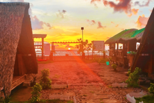 A breathtaking golden sunset at Beach Camp La Union paints the sky in vivid hues of orange and pink, silhouetting palm trees against the backdrop of a tranquil sea. This image captures the essence of the beach resort's idyllic location, where guests can witness the natural spectacle of the day's end in perfect serenity.